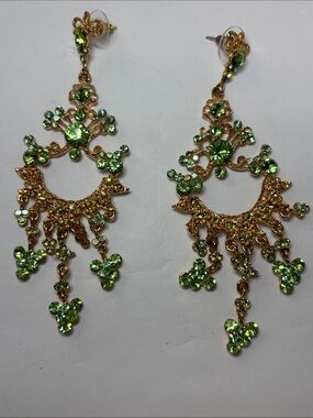 Vintage 3” Chandelier Green Glass Earrings